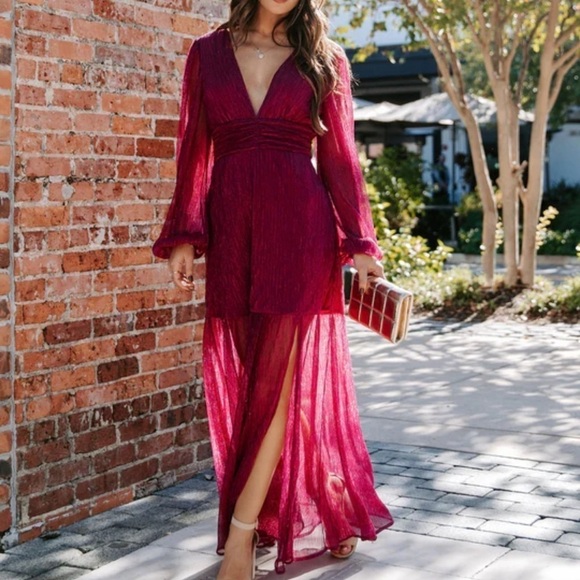 Vici Loretta Plisse Metallic Balloon Sleeve Maxi Dress Small - Picture 10 of 10